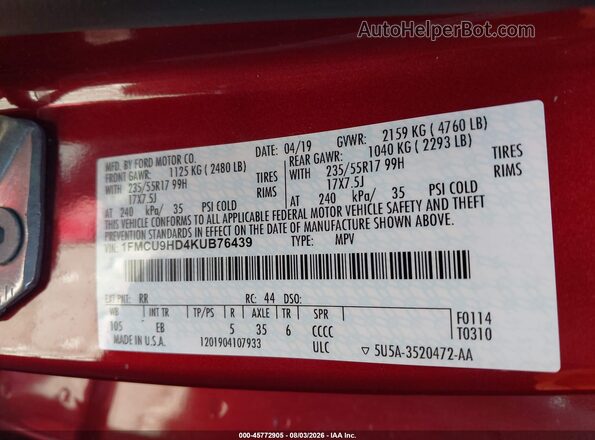 1FMCU9HD4KUB76439 2019 FORD ESCAPE Red ძრავის განყოფილების ხედი