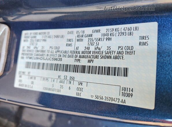 1FMCU9HD5JUC59635 2018 FORD ESCAPE Синий Вид подкапотного пространства