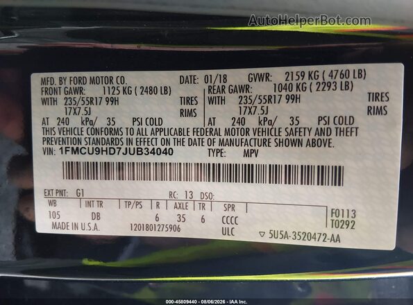 1FMCU9HD7JUB34040 2018 FORD ESCAPE Black Widok komory silnika