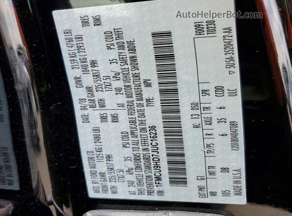 1FMCU9HD7JUC16236 2018 FORD ESCAPE Black Widok wnętrza 360 stopni