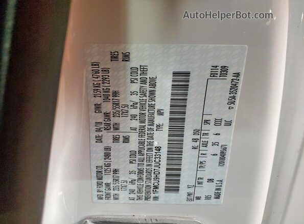1FMCU9HD7JUC33148 2018 FORD ESCAPE White Вид наклейки з VIN-кодом