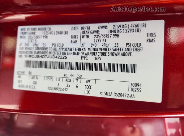1FMCU9HD7JUD42225 2018 FORD ESCAPE Red VIN კოდის სტიკერის ხედი