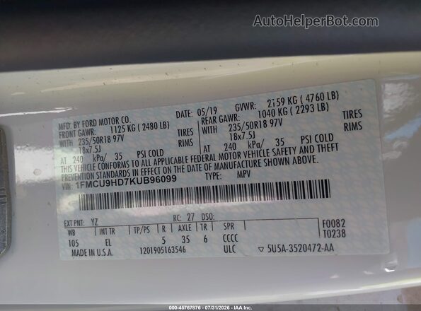 1FMCU9HD7KUB96099 2019 FORD ESCAPE White Շարժիչի բաժամունքի տեսք