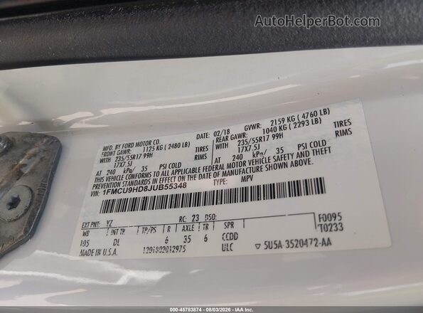 1FMCU9HD8JUB55348 2018 FORD ESCAPE White Շարժիչի բաժամունքի տեսք