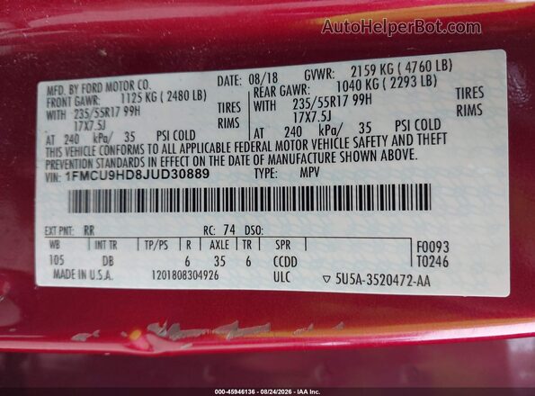 1FMCU9HD8JUD30889 2018 FORD ESCAPE Red ძრავის განყოფილების ხედი