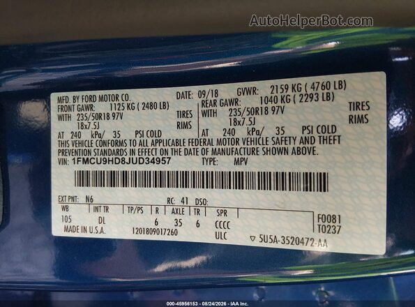 1FMCU9HD8JUD34957 2018 FORD ESCAPE Blue Engine compartment view