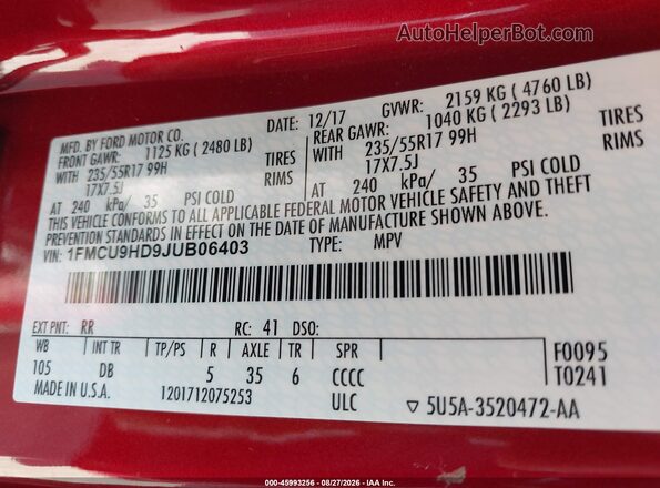 1FMCU9HD9JUB06403 2018 FORD ESCAPE Red ძრავის განყოფილების ხედი
