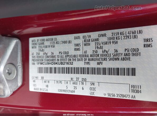 1FMCU9HD9KUB21632 2019 FORD ESCAPE Red Widok komory silnika