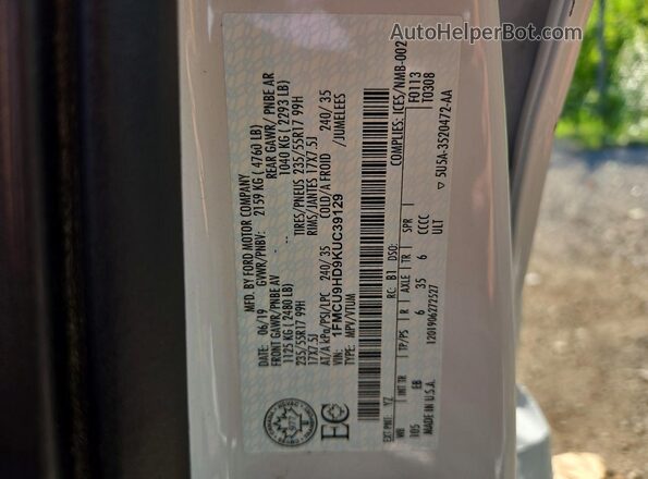 1FMCU9HD9KUC39129 2019 FORD ESCAPE Белый Вид наклейки с VIN-кодом
