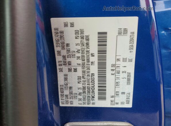 1FMCU9HDXJUD03709 2018 FORD ESCAPE Blue VIN კოდის სტიკერის ხედი