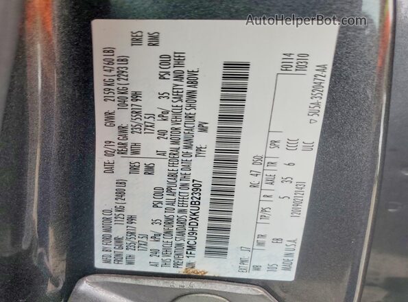 1FMCU9HDXKUB23907 2019 FORD ESCAPE Gray VIN կոդի պիտակի տեսք