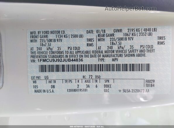 1FMCU9J92JUB44836 2018 FORD ESCAPE White Շարժիչի բաժամունքի տեսք
