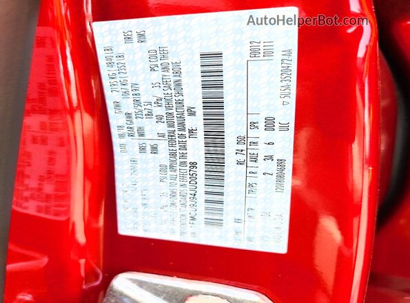 1FMCU9J94JUD05798 2018 FORD ESCAPE Red Vista de la etiqueta del VIN