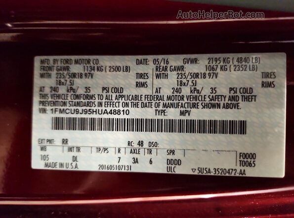 1FMCU9J95HUA48810 2017 FORD ESCAPE Maroon Панорамний вид салону 360°