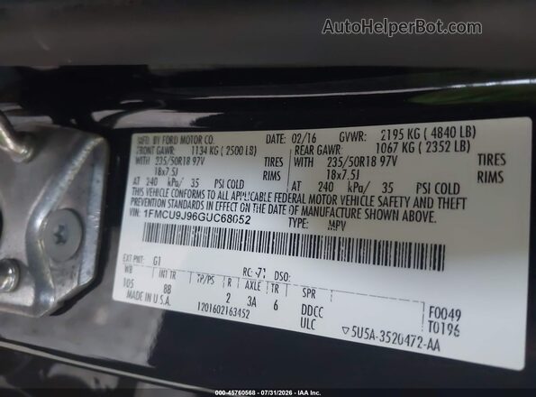 1FMCU9J96GUC68052 2016 FORD ESCAPE Black Widok komory silnika