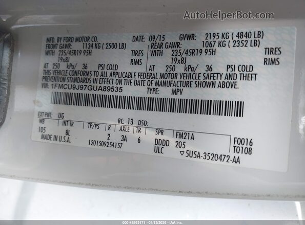 1FMCU9J97GUA89535 2016 FORD ESCAPE White Widok komory silnika
