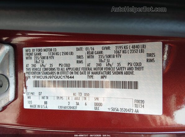 1FMCU9J97GUC17644 2016 FORD ESCAPE Orange Vista del compartimento del motor