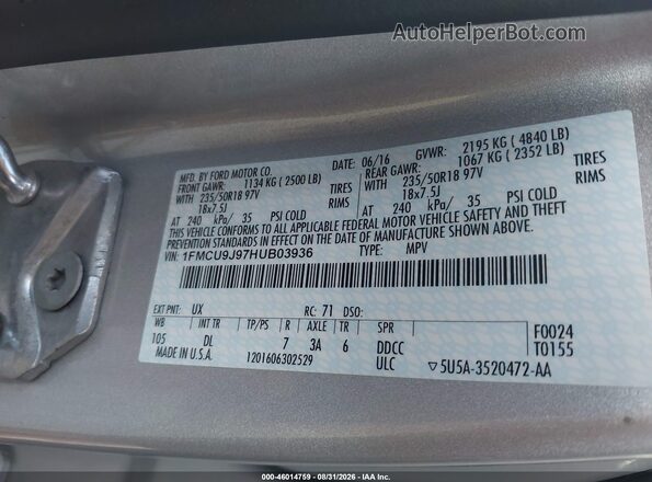 1FMCU9J97HUB03936 2017 FORD ESCAPE Silver Շարժիչի բաժամունքի տեսք