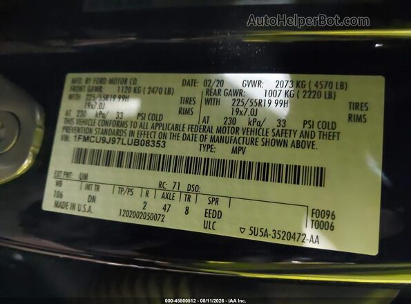1FMCU9J97LUB08353 2020 FORD ESCAPE Black ძრავის განყოფილების ხედი