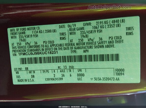 1FMCU9J98KUC18231 2019 FORD ESCAPE Red Vista del compartimento del motor