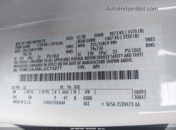 1FMCU9J98LUC73277 2020 FORD ESCAPE White ძრავის განყოფილების ხედი