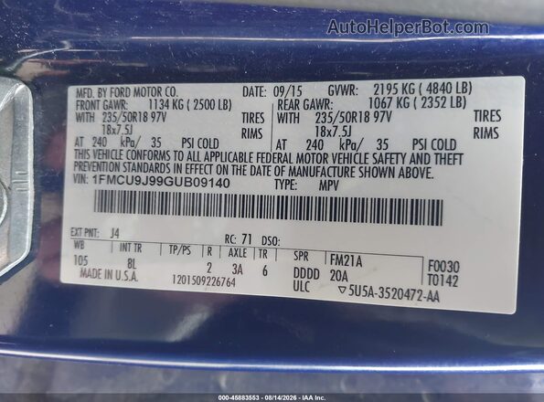 1FMCU9J99GUB09140 2016 FORD ESCAPE Blue ძრავის განყოფილების ხედი