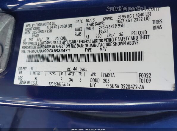 1FMCU9J99GUB33471 2016 FORD ESCAPE Синий Вид подкапотного пространства