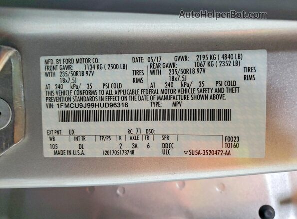 1FMCU9J99HUD96318 2017 FORD ESCAPE Серебряный Вид наклейки с VIN-кодом