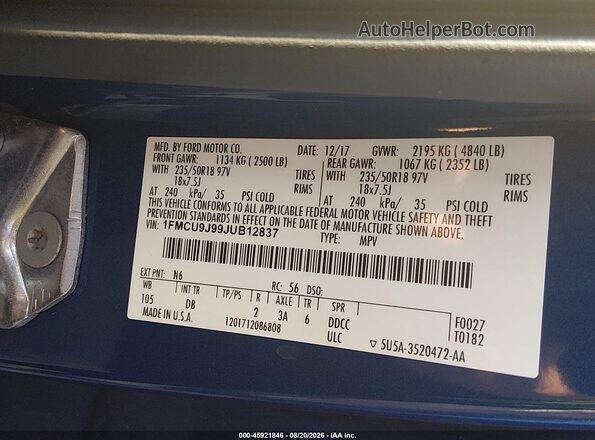 1FMCU9J99JUB12837 2018 FORD ESCAPE Blue Вид підкапотного простору