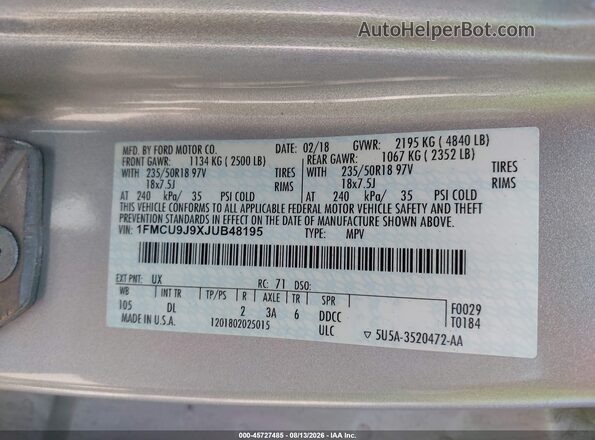 1FMCU9J9XJUB48195 2018 FORD ESCAPE Серебряный Вид подкапотного пространства