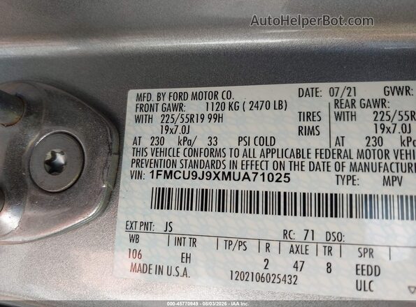 1FMCU9J9XMUA71025 2021 FORD ESCAPE Silver Вид підкапотного простору