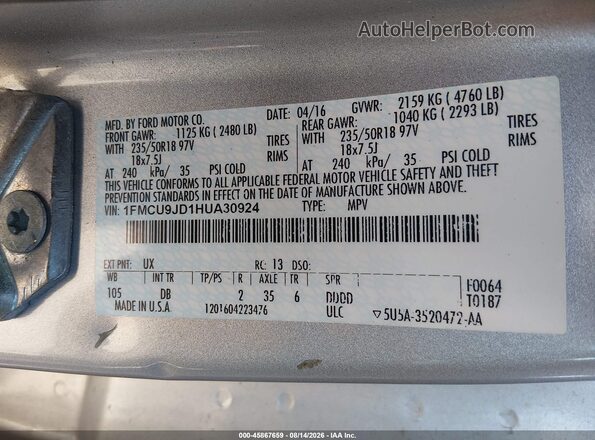 1FMCU9JD1HUA30924 2017 FORD ESCAPE Серебряный Вид подкапотного пространства