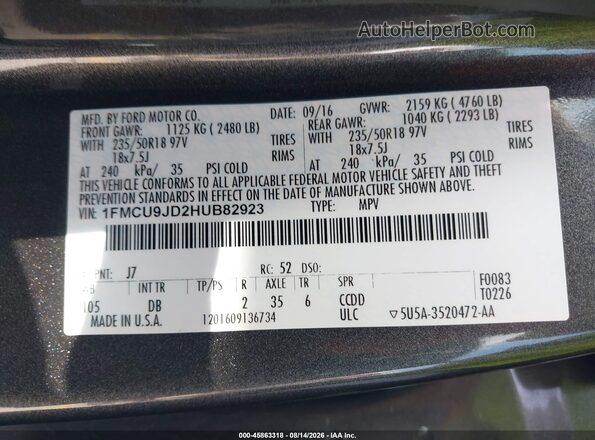 1FMCU9JD2HUB82923 2017 FORD ESCAPE Gray Engine compartment view