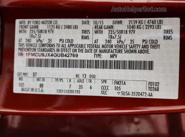 1FMCU9JX4GUB42769 2016 FORD ESCAPE Red VIN კოდის სტიკერის ხედი