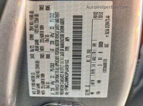 1FMCU9MN3PUA59182 2023 FORD ESCAPE Silver Widok naklejki z numerem VIN