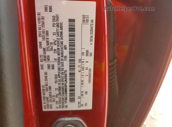 1FMCU9MN5PUA09075 2023 FORD ESCAPE Red Widok naklejki z numerem VIN