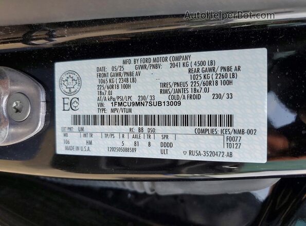 1FMCU9MN7SUB13009 2025 FORD ESCAPE Black Vista de la etiqueta del VIN