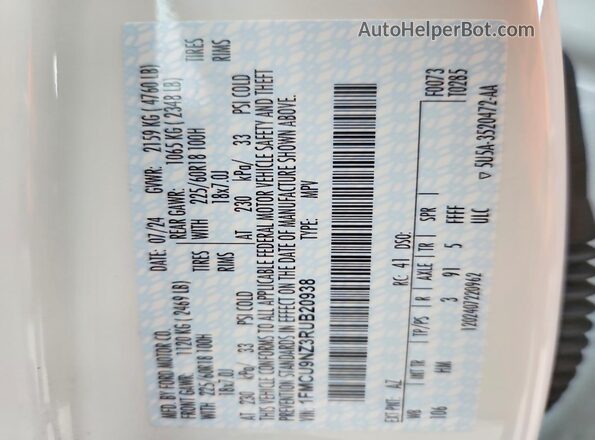 1FMCU9NZ3RUB20938 2024 FORD ESCAPE White VIN կոդի պիտակի տեսք