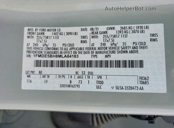 1FMDE5BH8MLA84183 2021 FORD BRONCO Gray Vista de la etiqueta del VIN