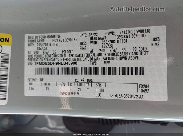 1FMDE5DH9NLB48908 2022 FORD BRONCO Blue Vista del compartimento del motor