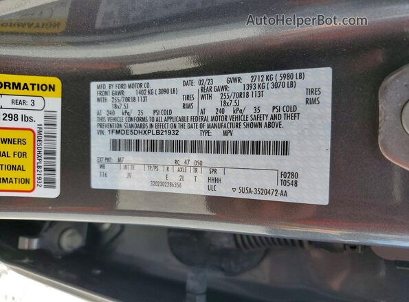 1FMDE5DHXPLB21932 2023 FORD BRONCO Gray Widok naklejki z numerem VIN