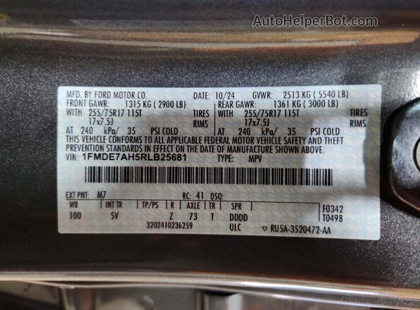 1FMDE7AH5RLB25681 2024 FORD BRONCO Gray Вид наклейки з VIN-кодом
