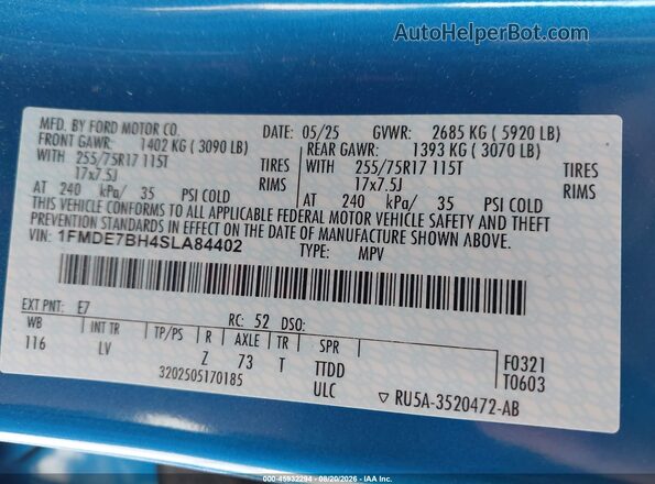 1FMDE7BH4SLA84402 2025 FORD BRONCO Blue ძრავის განყოფილების ხედი