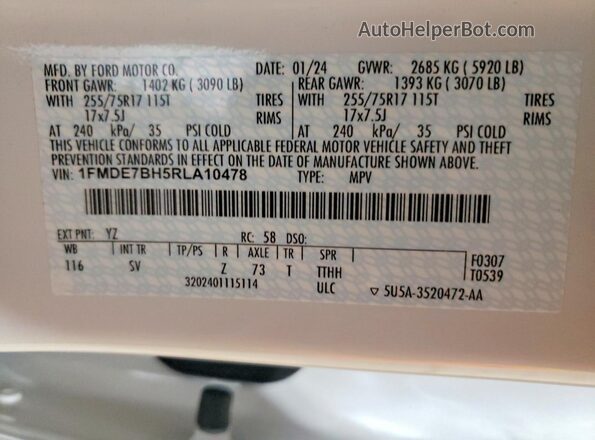1FMDE7BH5RLA10478 2024 FORD BRONCO White Вид наклейки з VIN-кодом