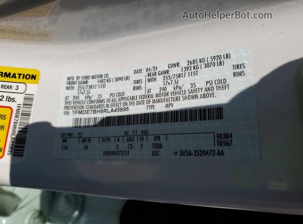 1FMDE7BH9RLA45895 2024 FORD BRONCO White VIN կոդի պիտակի տեսք