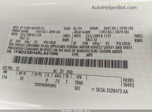 1FMDE8BH4RLA51996 2024 FORD BRONCO White Widok komory silnika