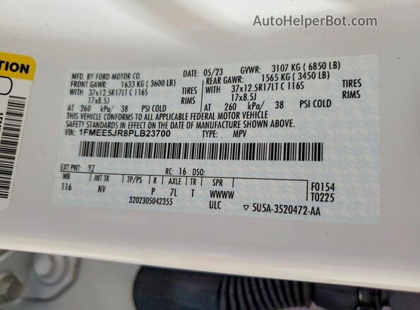1FMEE5JR8PLB23700 2023 FORD BRONCO Белый Панорамный вид салона 360°