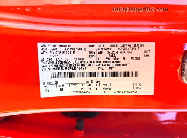 1FMEE5JR9PLB42420 2023 FORD BRONCO Red Vista de la etiqueta del VIN