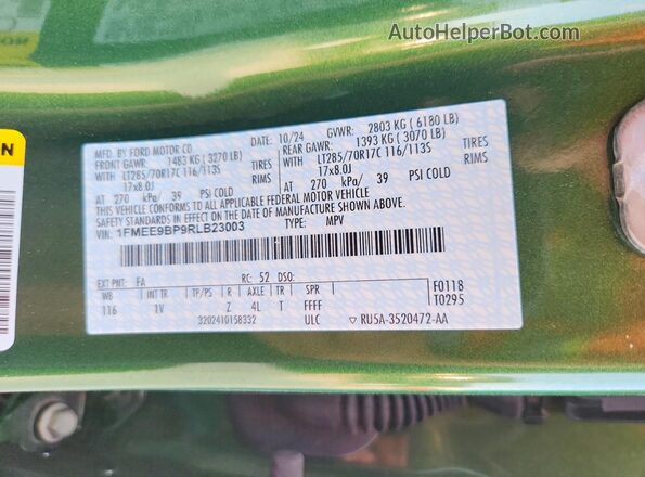 1FMEE9BP9RLB23003 2024 FORD BRONCO Green Widok naklejki z numerem VIN