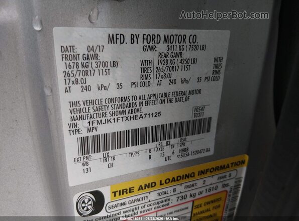 1FMJK1FTXHEA71125 2017 FORD EXPEDITION EL Silver Widok komory silnika